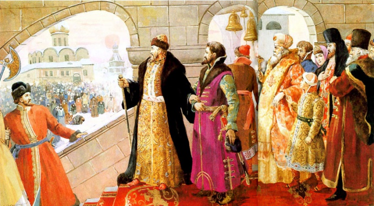 Народ просит Ивана IV отвменить опричнину. Иллюстрация. Худ. М. Горелик