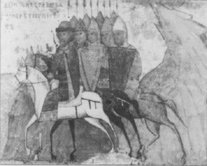 Князь в окружении конных воинов. С иконы св. Бориса и Глеба XIV в. (Osprey)