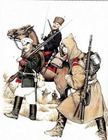 Русско-турецкая война 1877-1878 гг. 1, 2 - рядовые гвардейских пехотных полков в летней и зимней форме одежды, 3 - казак. Иллюстрация Рафаэля Руггери для Osprey Men-at-Arms Series 277 - The Russo-Turkish War 1877