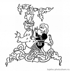 Буквица Фроловской Псалтири (Новгород, XIV) в виде скачущего на сказочном звере всадника с сумкой-калитой на поясе