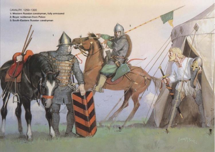 Типы кавалерийского вооружения 1250-1300 гг. 1. Западная Русь, 2. Псков, боярская конница, 3. Юго - Восточная Русь (Osprey)